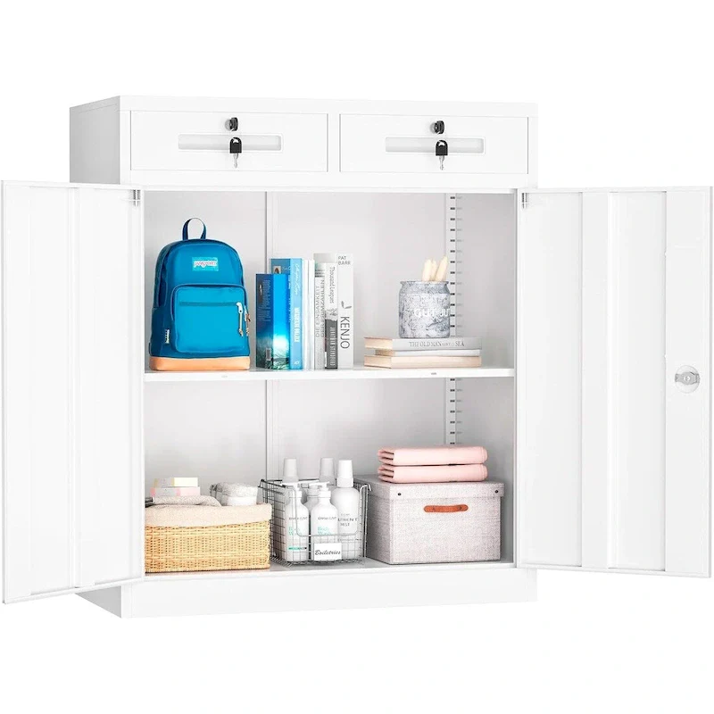 Lockable Metal Storage Cabinet with 2 Drawers & Adjustable Shelves – White / Black, 2-Door