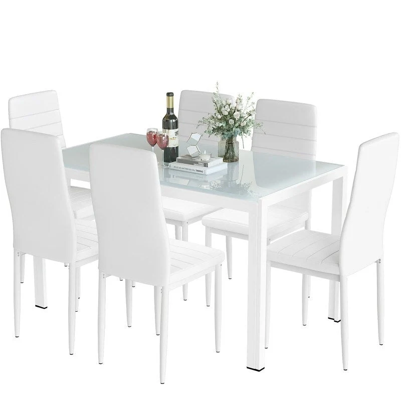 Grondin Modern Style 7-Piece Dining Room Table Set with Tempered Glass Tabletop and 6 PU Leather Upholstered Chairs