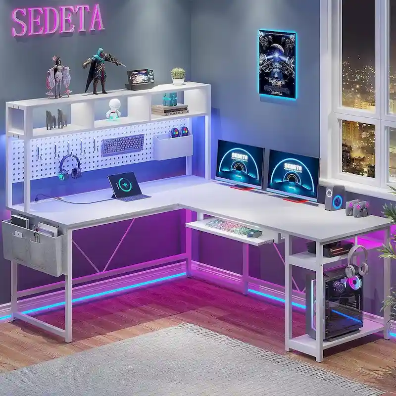 Reversible Computer Desk L Shaped Gaming Desk with Hutch LED Light