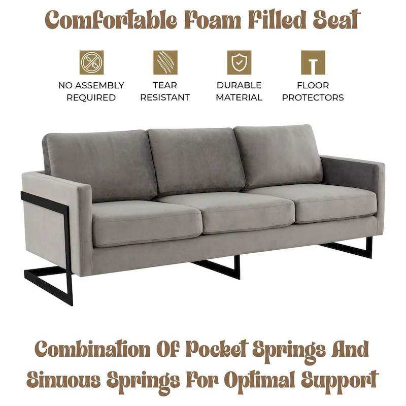 Leisuremod Lincoln 3-Seater Upholstered Velvet Sofa with Black Stainless-Steel Base