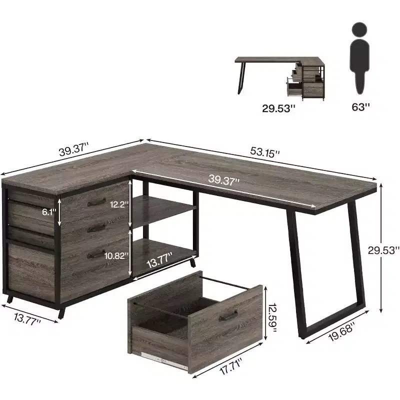 Lantine 53-Inch L-Shaped Office Desk, Reversible Corner Computer Desk with 3 File Drawers and 2 Storage Shelves for Home Office, Gaming Room, Grey