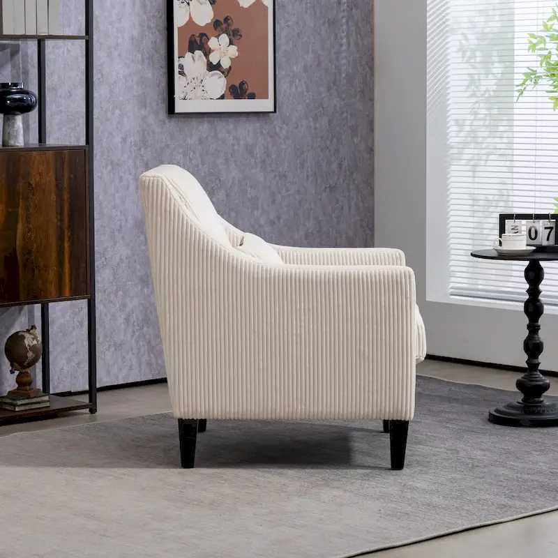 Beige Upholstered Accent Arm Chair with Scooped Arms and Rubber Wood Legs