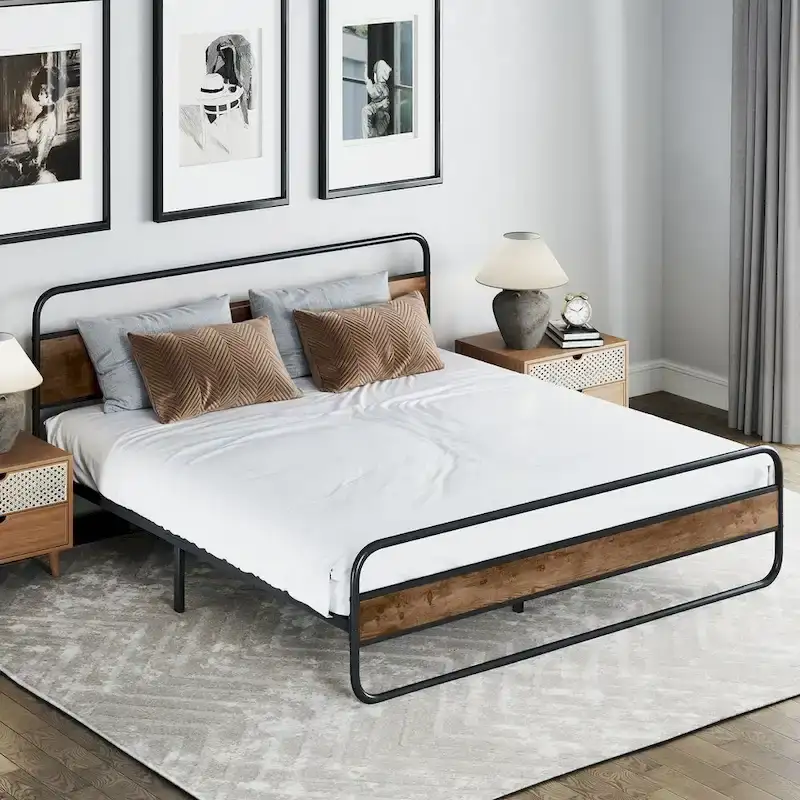 Moasis Metal Platform Bed Frame with Wooden Headboard