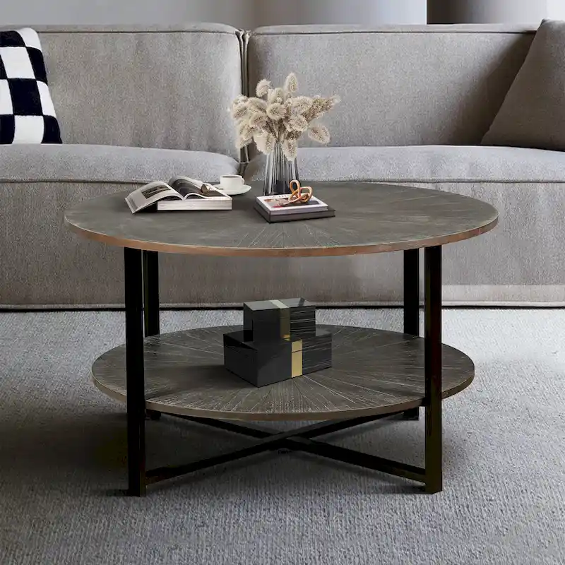Antique Grey Round Coffee Table, 2-Tier Storage, X-Leg, 31.5