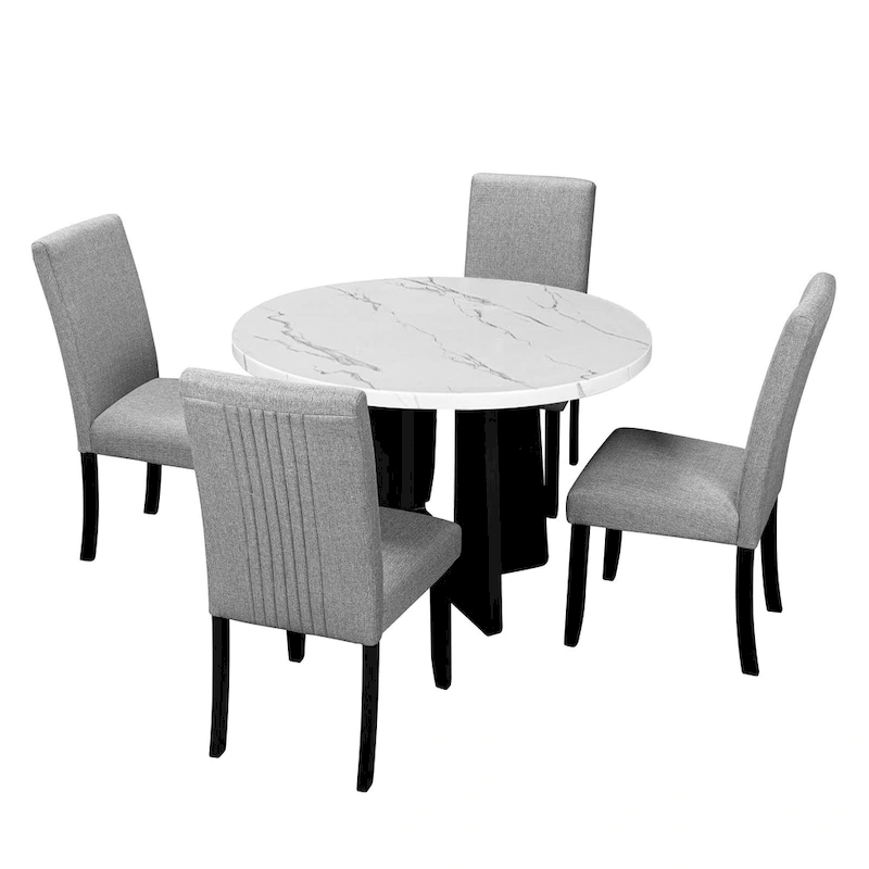 5 Piece Kitchen Table and Chairs Set, 4 People Round Dining Table Set, 4 Upholstered Chairs with Rubber Wood Legs