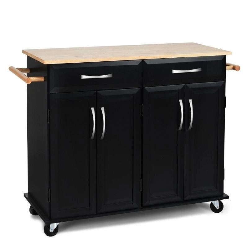 Black Kitchen Island Storage Cabinet Cart with Wood Top and Wheels - 48.5 x 18.5 x 36.5 (L x W x H)