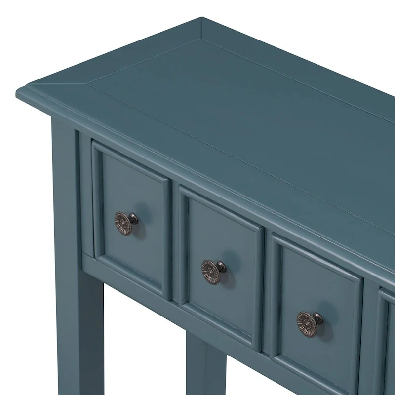 Blue / Brown / Navy Solid Wood Console Table with 4 Drawers & Lower Shelf – Rustic Style, Entryway Use