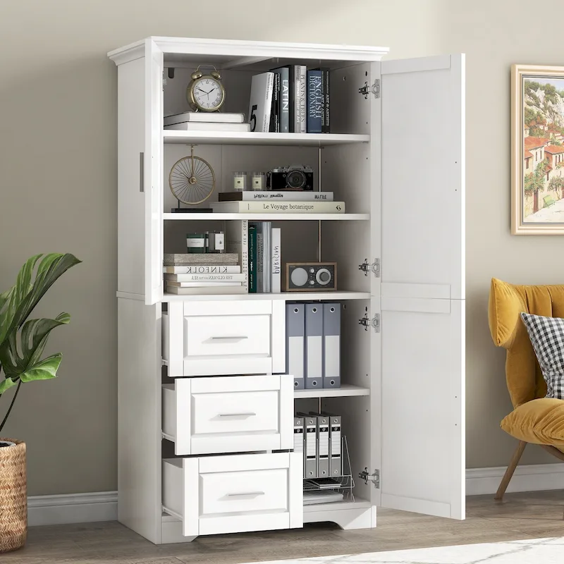 White/Black/Grey MDF Tall Storage Cabinet with 3 Drawers & Doors