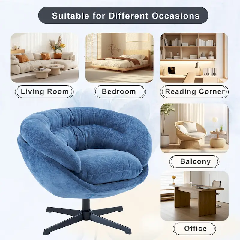 Chenille Upholstered 360 Swivel Club Chair/Accent Chair with Removable Cushion, Round Office Chair with Black Metal Base