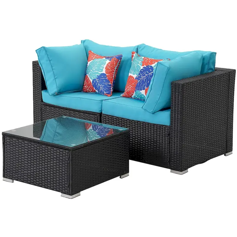 7-Piece Wicker Patio Sectional Conversation Seating Set with Blue Cushions - 85*78