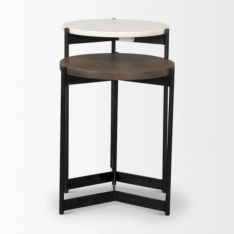 Marble & Dark Brown Wood Tabletop Nesting End/Side Tables