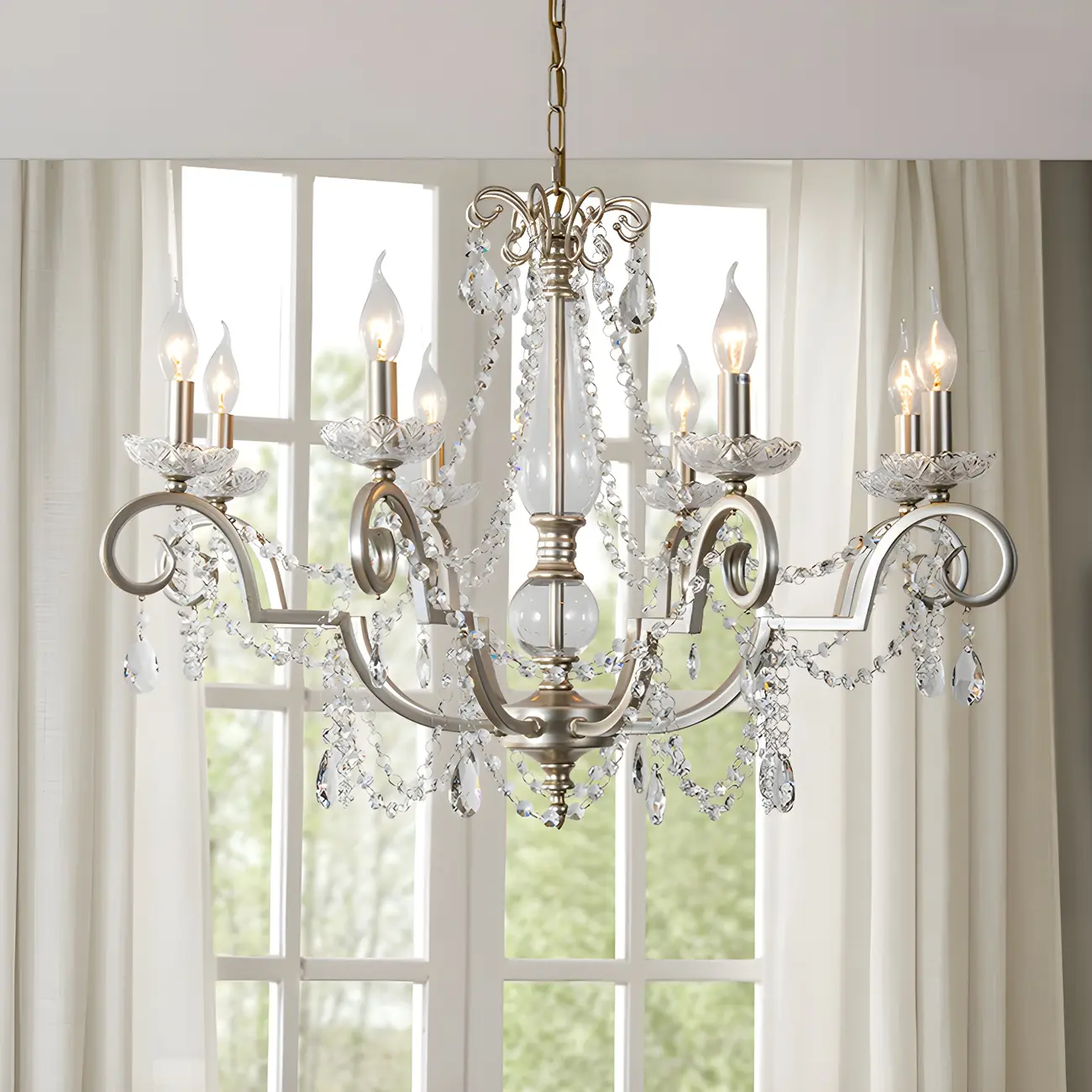 Adjustable Hanging Silver Crystal Candelabra Chandelier
