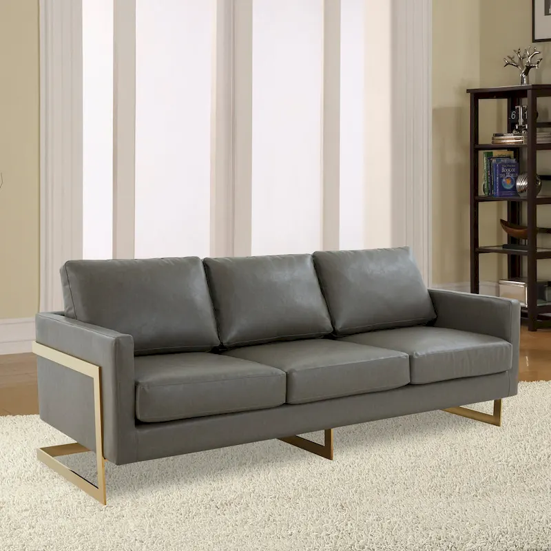 LeisureMod Lincoln Modern Upholstered Leather Sofa with Gold Frame - 83