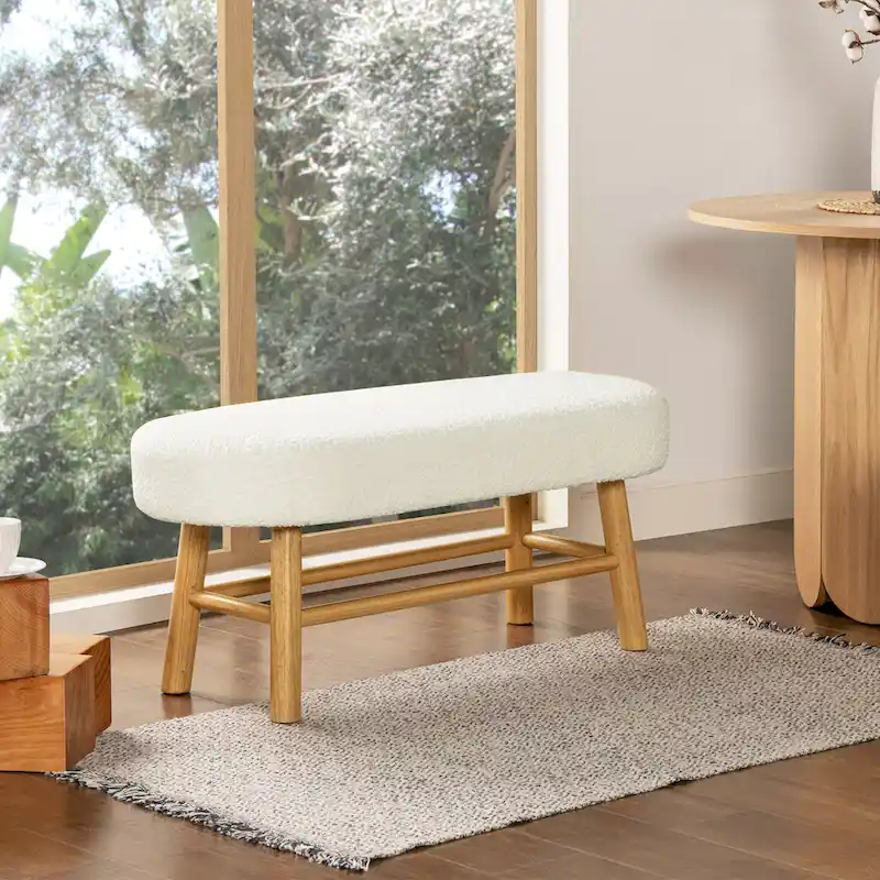 Ivory White Boucle Pill-Shape Accent Bench, 1-Person