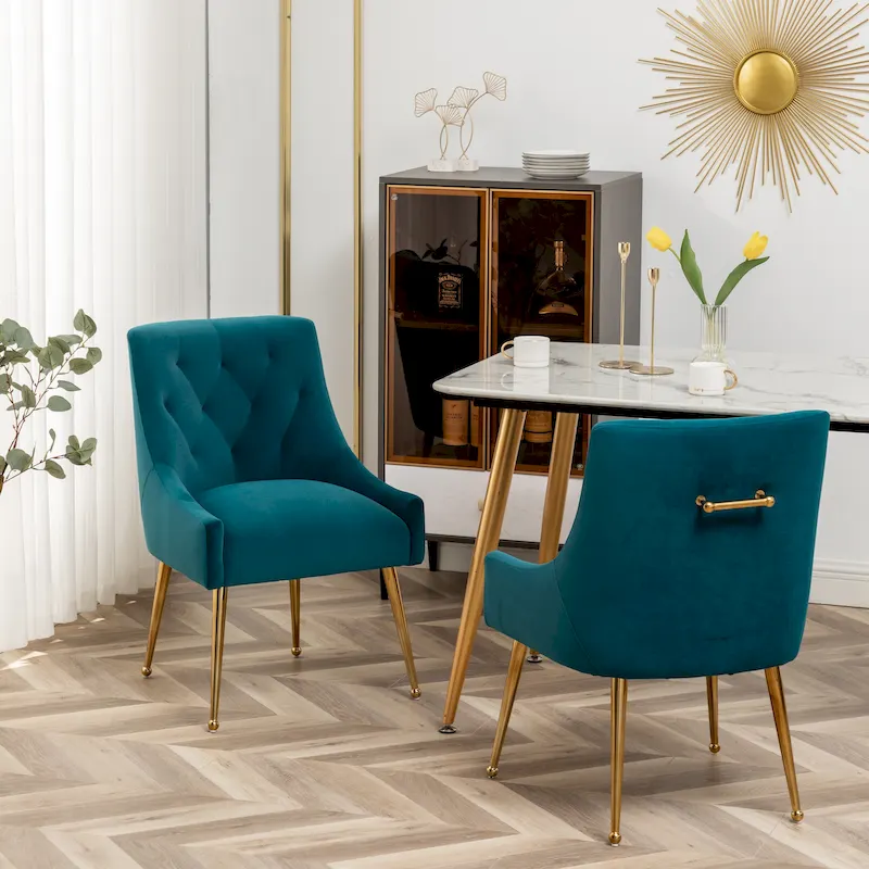 SEYNAR Modern Boucle Velvet Upholstered Accent Dining Chair Set of 2 Tufted Back Armless Chair with Golden Legs