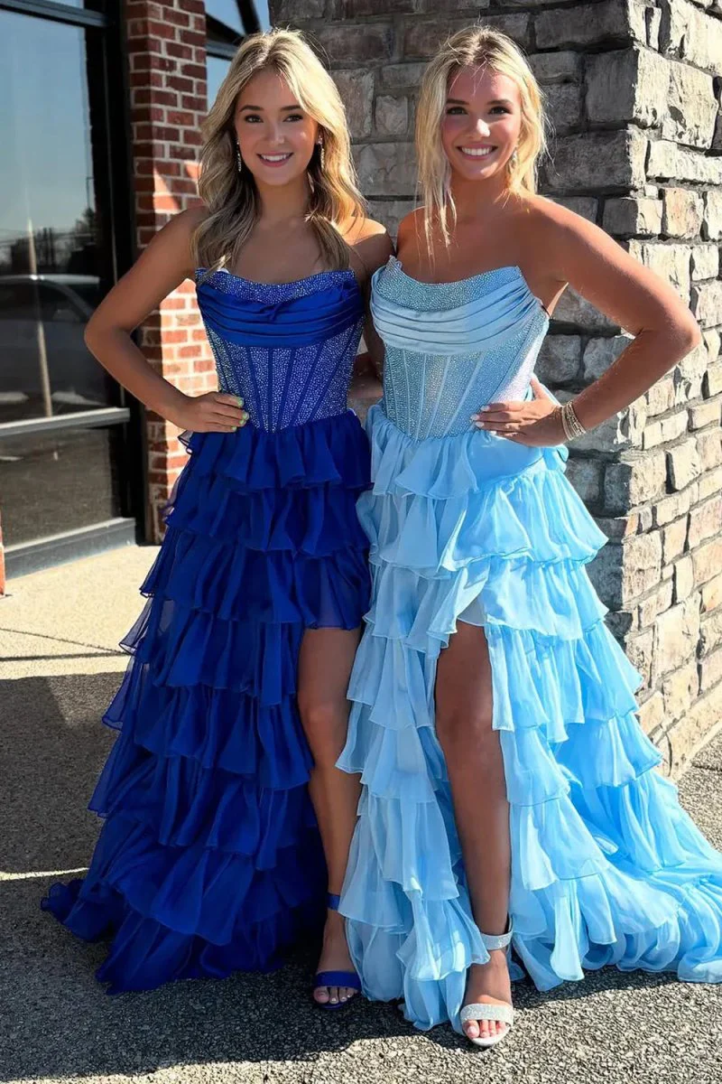 Royal Blue - A Line Strapless Chiffon Beaded Corset Long Prom Dress With Slit