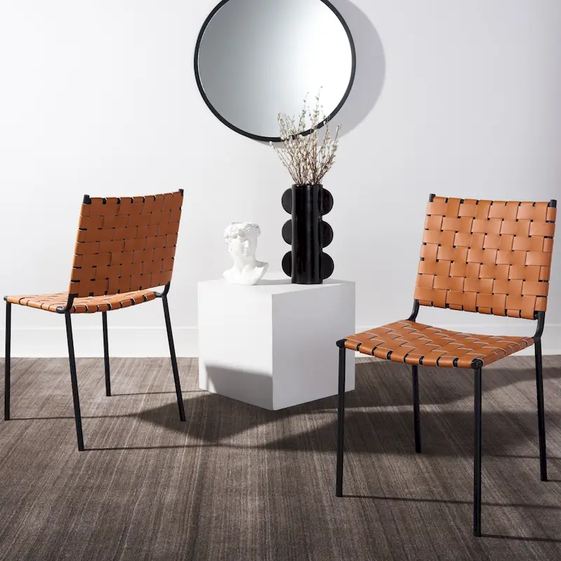 Woven Leather Dining Chair Set of 2, 17W x 20.5L x 33.8H