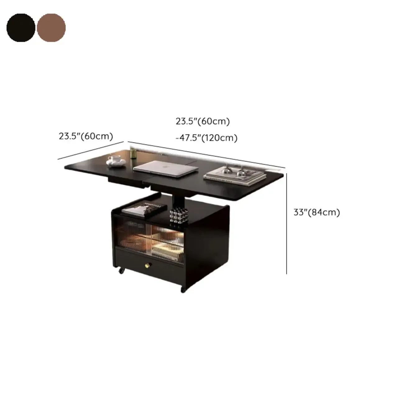 Adjustable Modern Nut-brown Wood Rolling Coffee Table