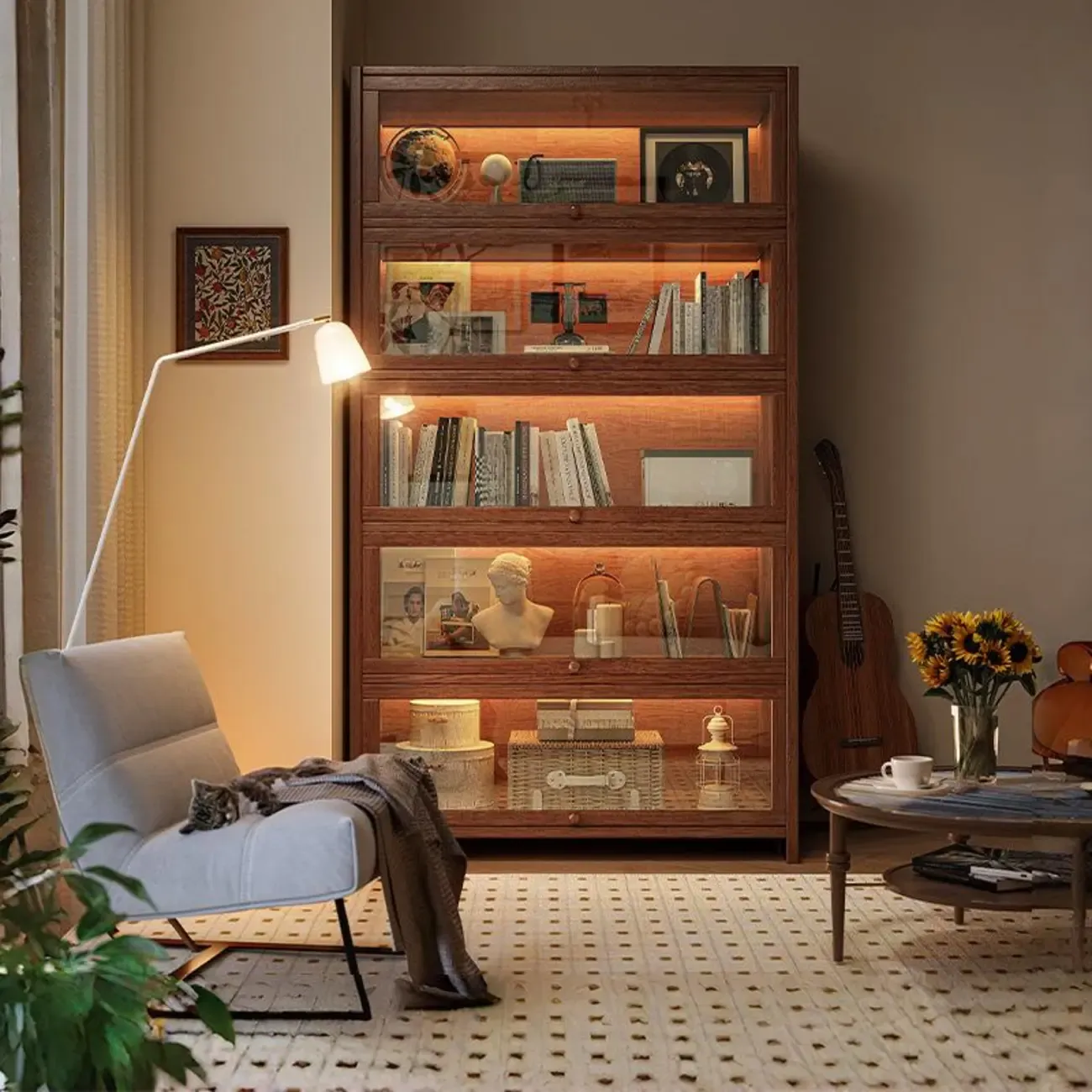 Contemporary Vertical Nut-Brown Wooden 5-Shelf Bookcase