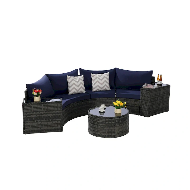 7-Piece Half-Moon Sectional Sofa Set with Glass Table