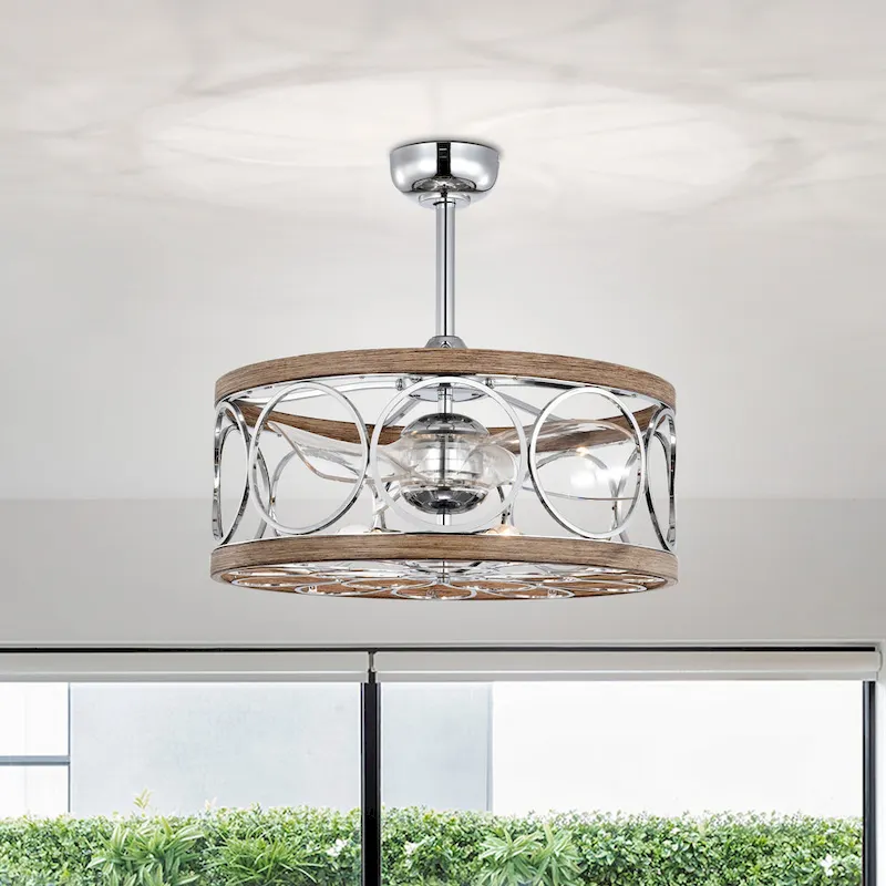 Ofelia 24-inch Chrome and Faux Wood 6 Lights 3 Blades Lighted Ceiling Fan with Remote