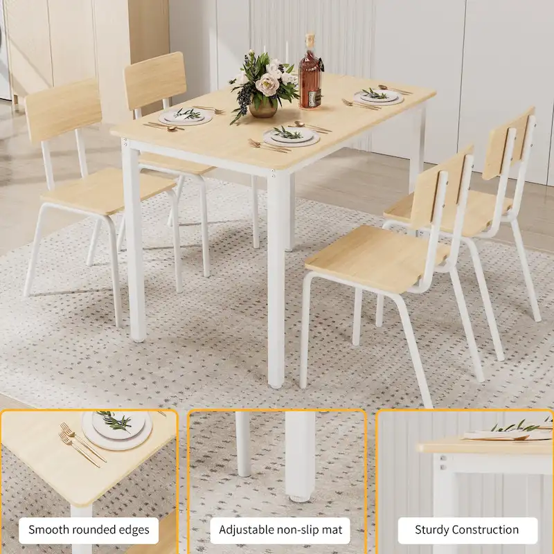 Kitchen Dining Table Set Metal Frame Breakfast Table with 4 Dining Chairs Modern Casual Dining Table Set 5-Piece Dining Set