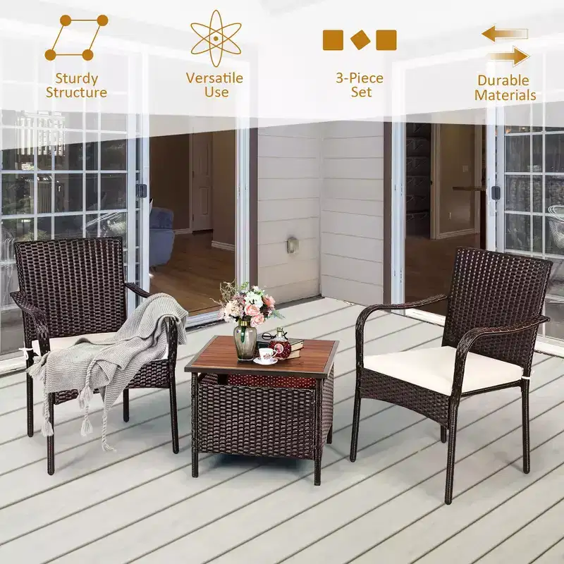 Costway 3PCS Patio Rattan Furniture Bistro Set Wood Side Table Stackable Chair
