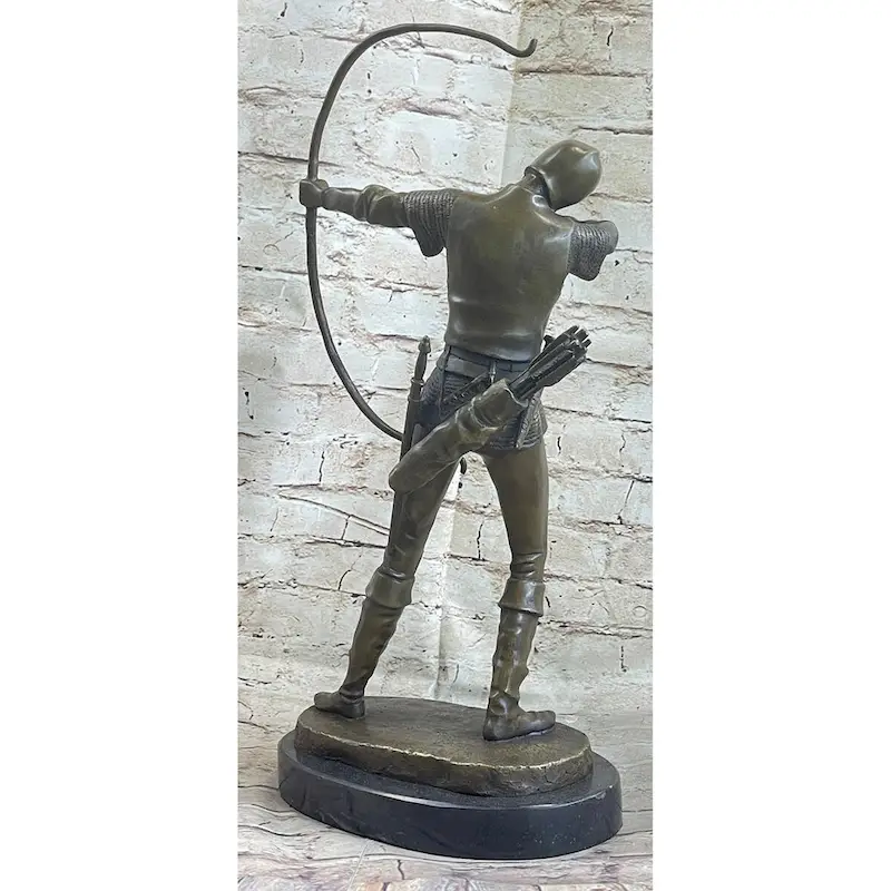 Medieval English British Longbow Bowman Archer Bow Arrow Bronze Statue Sculpture Marble Base