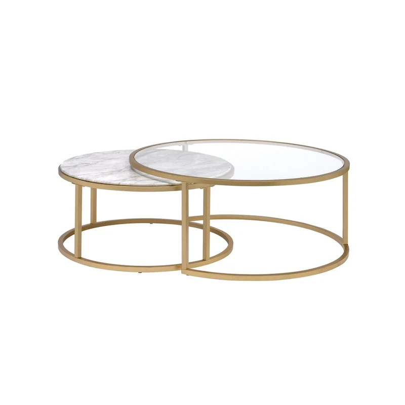 Metal Framed Nesting Coffee Tables with Glass and Marble Tops, Set of Two, Gold - 15.75 H x 36 W x 36 L Inches