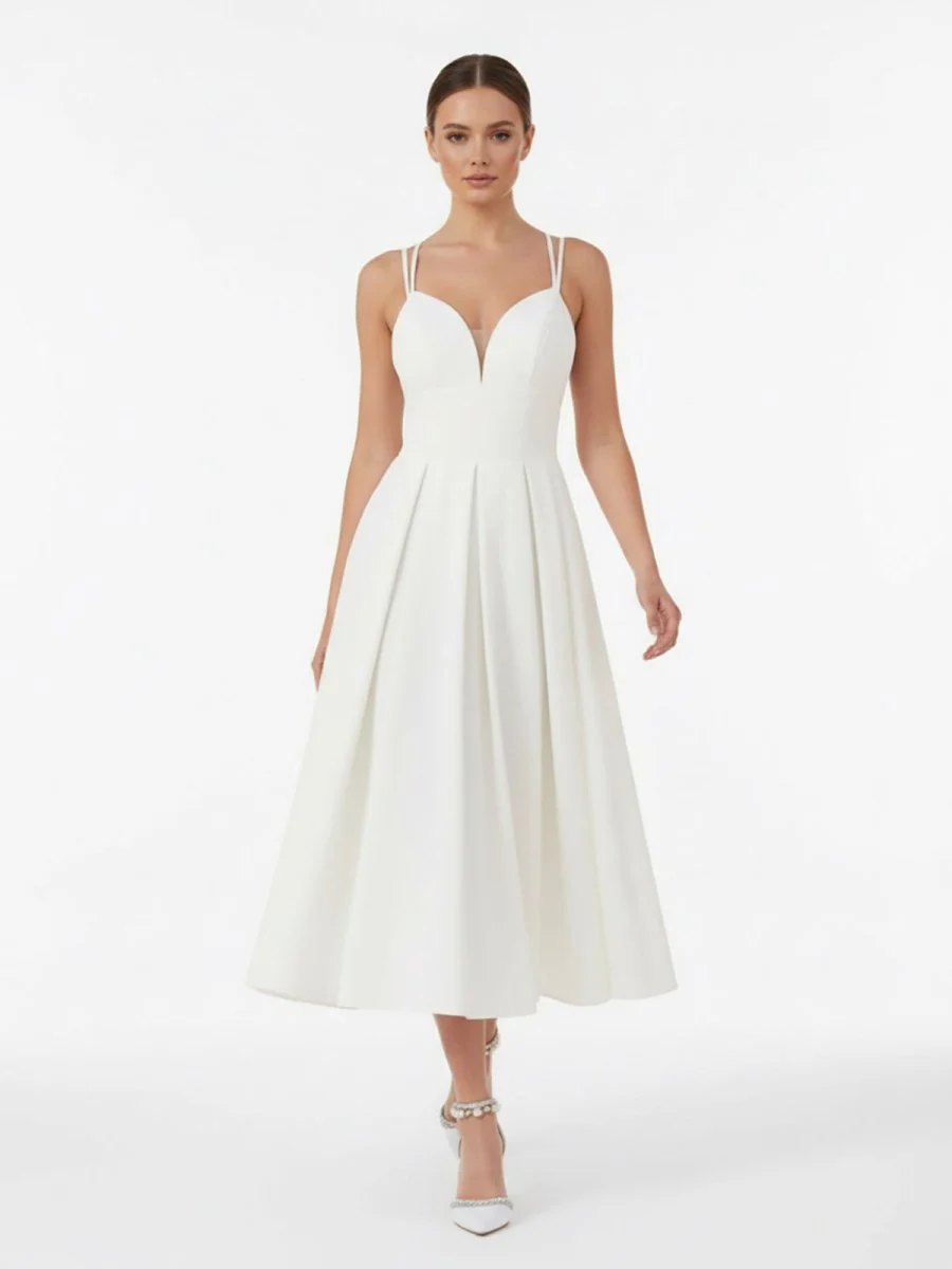 A-Line V-Neck Sleeveless Satin Knee-Length Wedding Dress