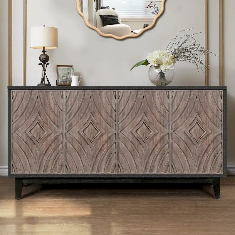 Sideboard Buffet Cabinet with Solid Wood Legs 60 Cabinet with 4 Convex pattern diamond Doors and 2 Shelves