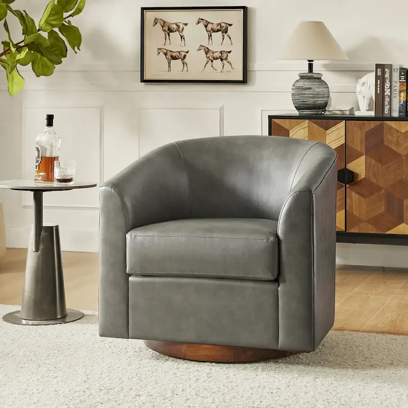Haley Modern Swivel Barrel Faux Leather Chair with Solid Wood Base by