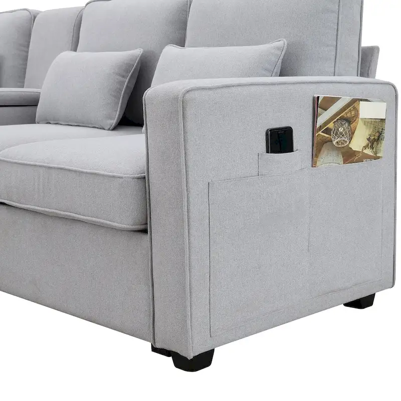 Modern Linen Fabric Upholstered Sofa with Console, 4Pillows,Cupholders,USB