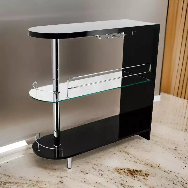 Royal Hampton 42 Inch Modern Bar Table, 3 Shelves, Tempered Glass, Black, Chrome