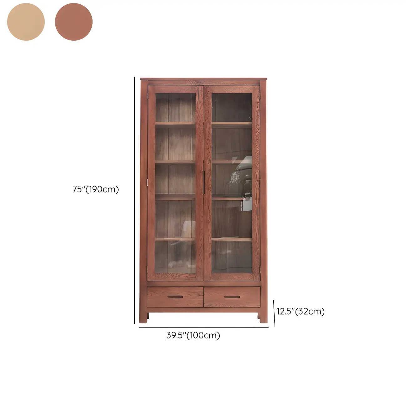 2-Drawer Natural Wood Display Cabinet Adjustable Shelves