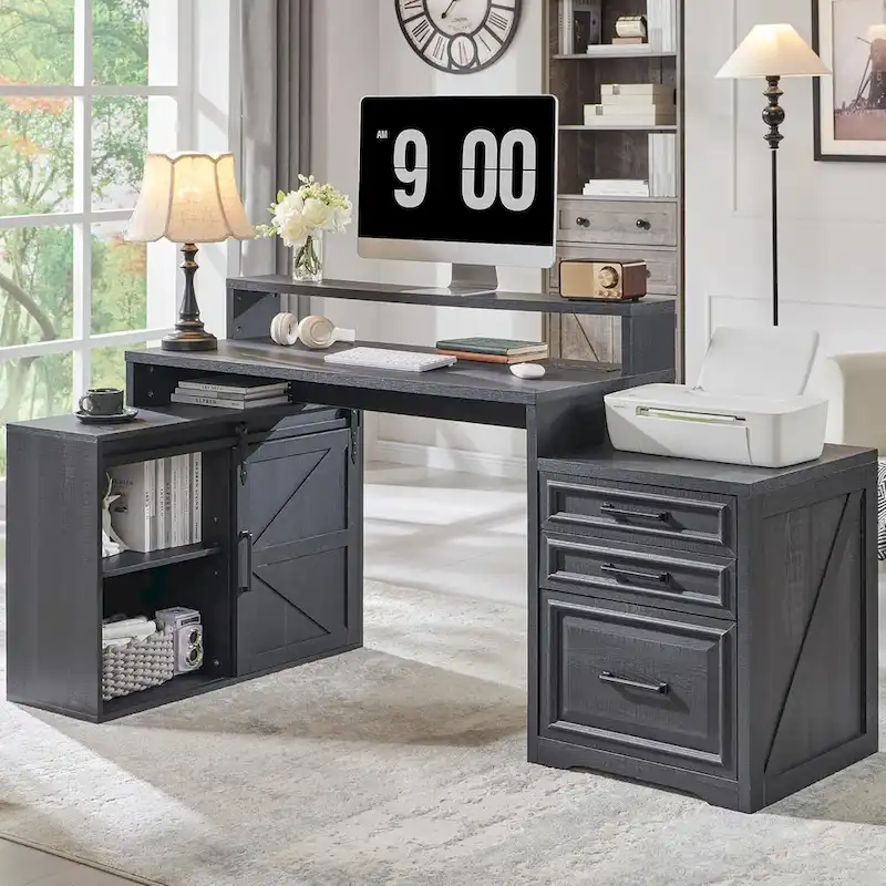 Modern Farmhouse Home Office Desk, Computer Desk with File Cabinet