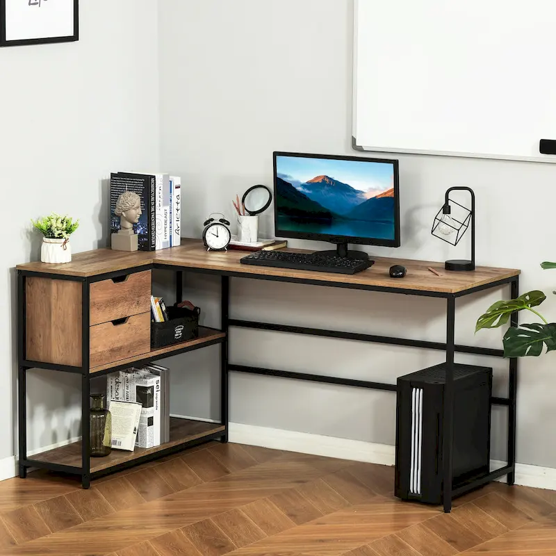 HOMCOM L-Shaped Home Office Writing Desk with Storage Shelf, Drawer, Brown
