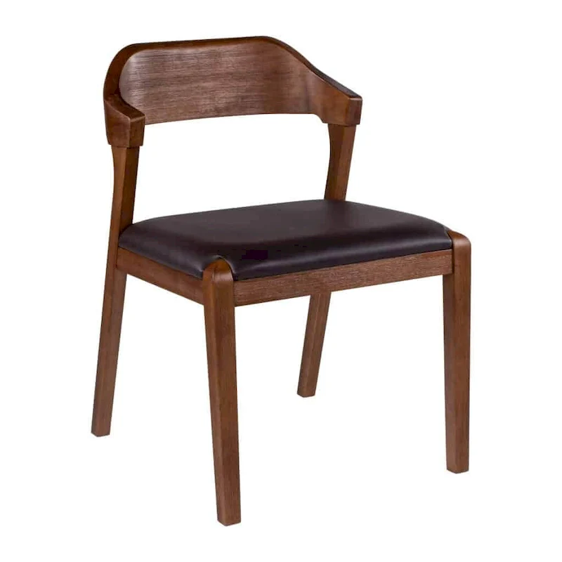 Mid-Century Rubberwood Dining Chair with Faux Leather Seat – Chestnut Wire-Brush