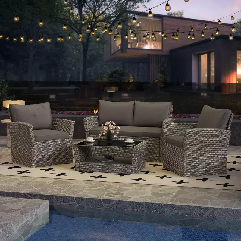 Costway 4 PCS Patio Furniture Set with 2 Rattan Chairs Loveseat Coffee Table Cushions Gray