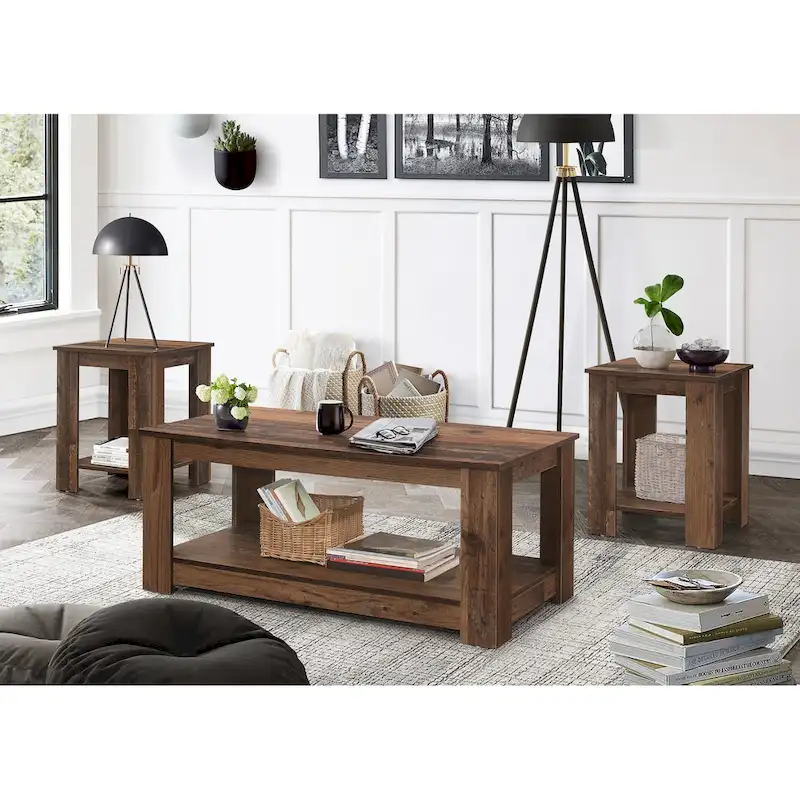 Modern Coffee Table with End Tables - Brown Wood Finish