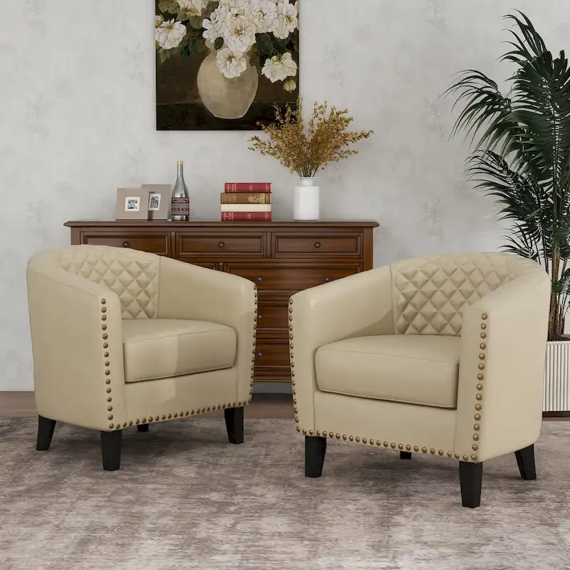 Modern Faux Leather Barrel Accent Chair with Wood Legs