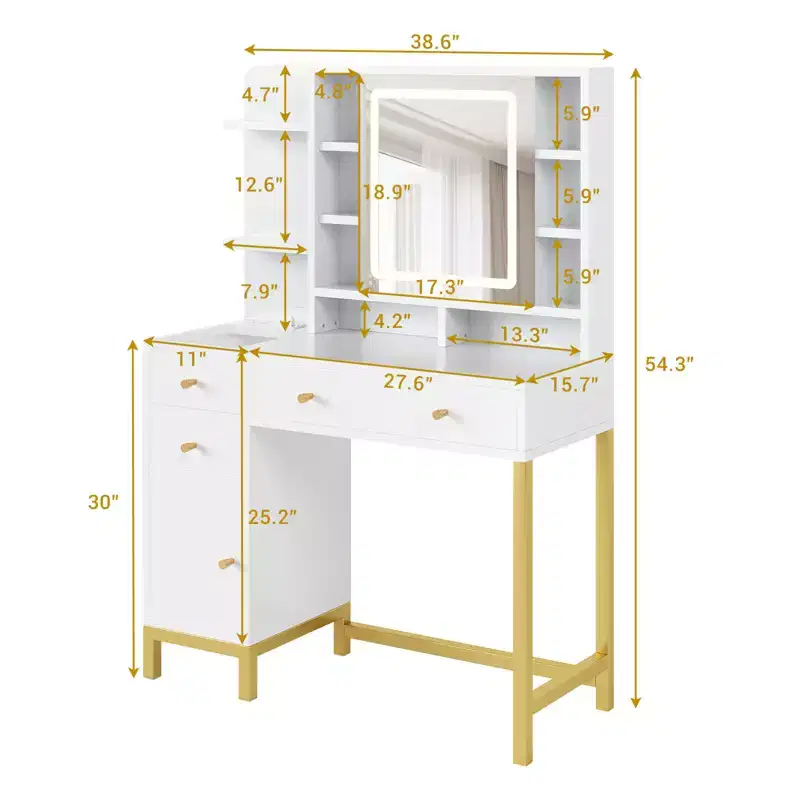 Vanity Desk with Lights, Makeup Vanity Desk, 3 Color Lighting Modes, Vanity Table with Drawers and Cabinets, Dressing Table with Power Outlet