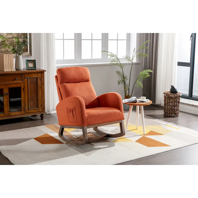 Modern 27 Upholstered Rocking Chair with Wood Legs and Side Pocket
