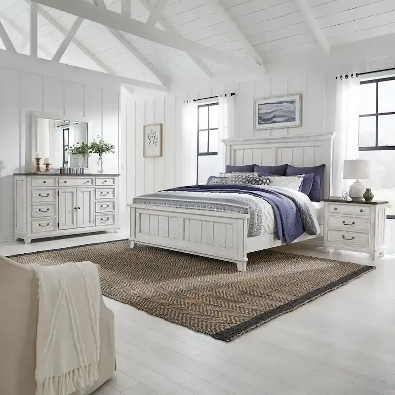 White & Tobacco 4-Piece Bedroom Set - Panel Bed, Dresser, Mirror & Nightstand