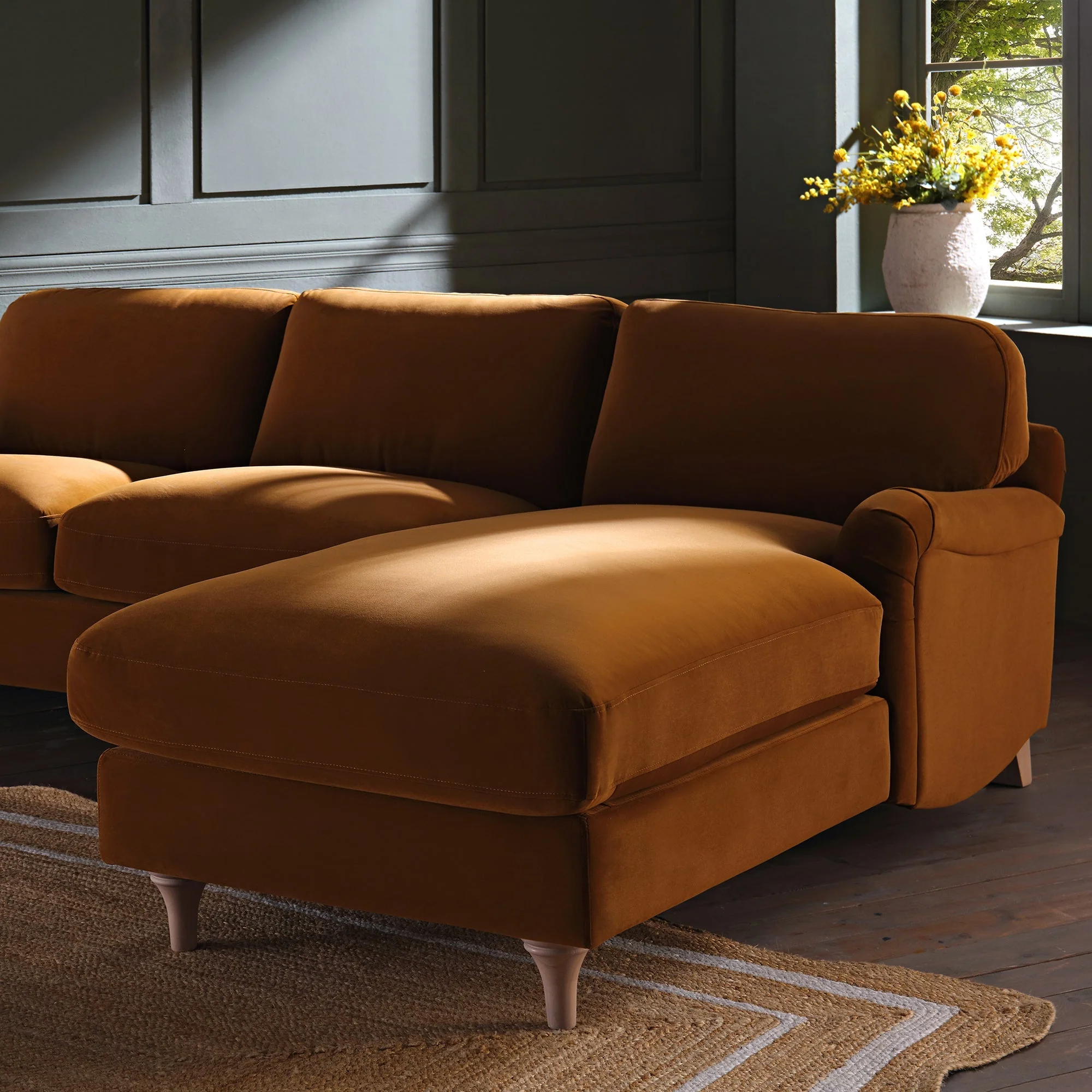 Cinnamon Velvet Sofa, Grande Chaise Sofa Right Hand Facing