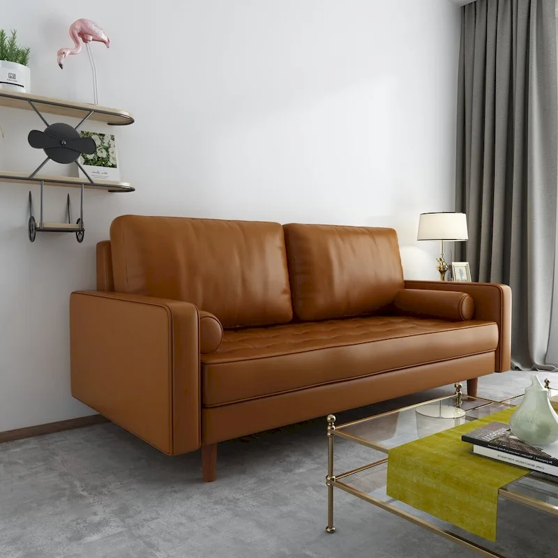 Black / Brown Tufted Faux Leather Sofa, Mid-Century Style, 2-Seater