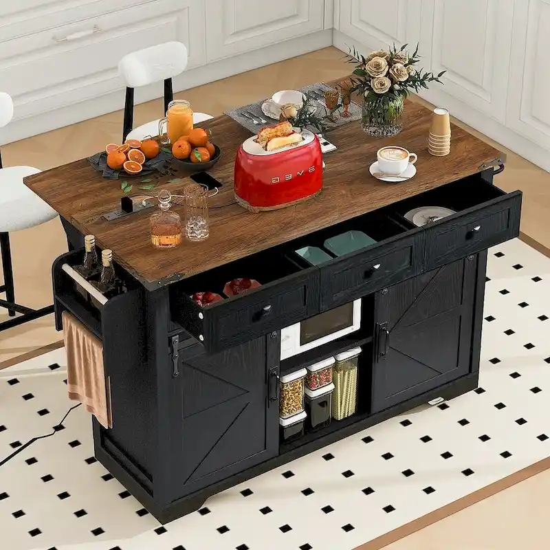 Farmhouse Kitchen Island Cart with Wheels, Power Outlet
