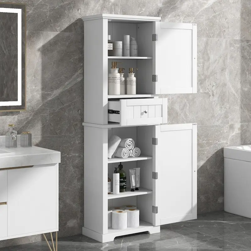 Tall Bathroom Storage Cabinet with Drawer and Adjustable Shelf
