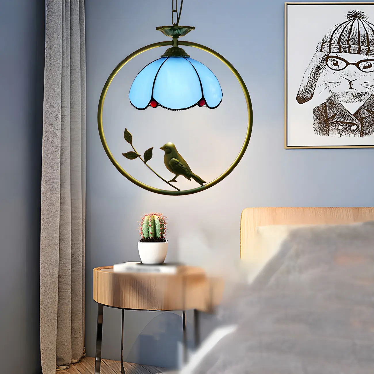 Tiffany Stained Glass Rattan Pendant Light Fixture