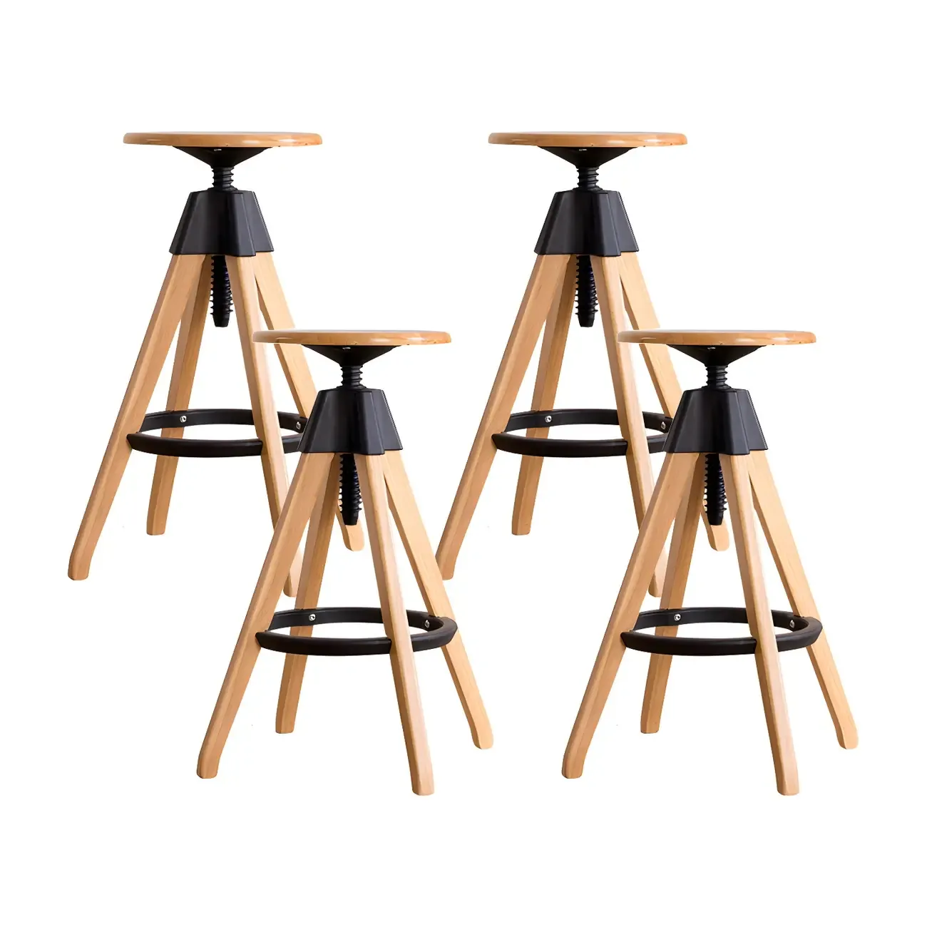 Adjustable Brown Wooden Swivel Backless Bar Stools